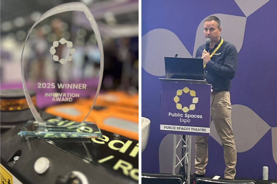 The Innovation Award 2025 and Michel Wimmers during his presentation at the FutureScape trade fair in London, where he won the Innovation Award 2025 with the eWeeding Roller The Innovation Award 2025 and Michel Wimmers during his presentation at the FutureScape trade fair in London, where he won the Innovation Award 2025 with the eWeeding Roller