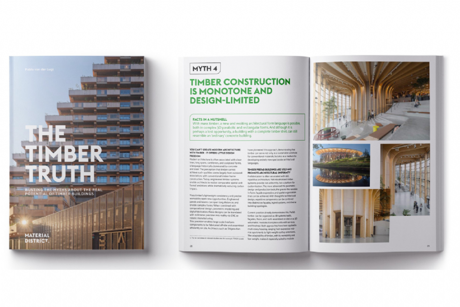 Cover of 'The Timber Truth', featuring the SAWA residential building in Rotterdam (Image: PEFC Netherlands)