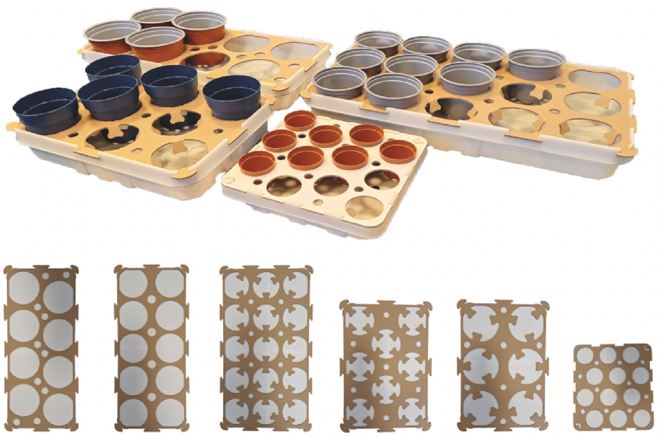 Top: reusable transport trays with inlays; bottom: various cardboard inlays
